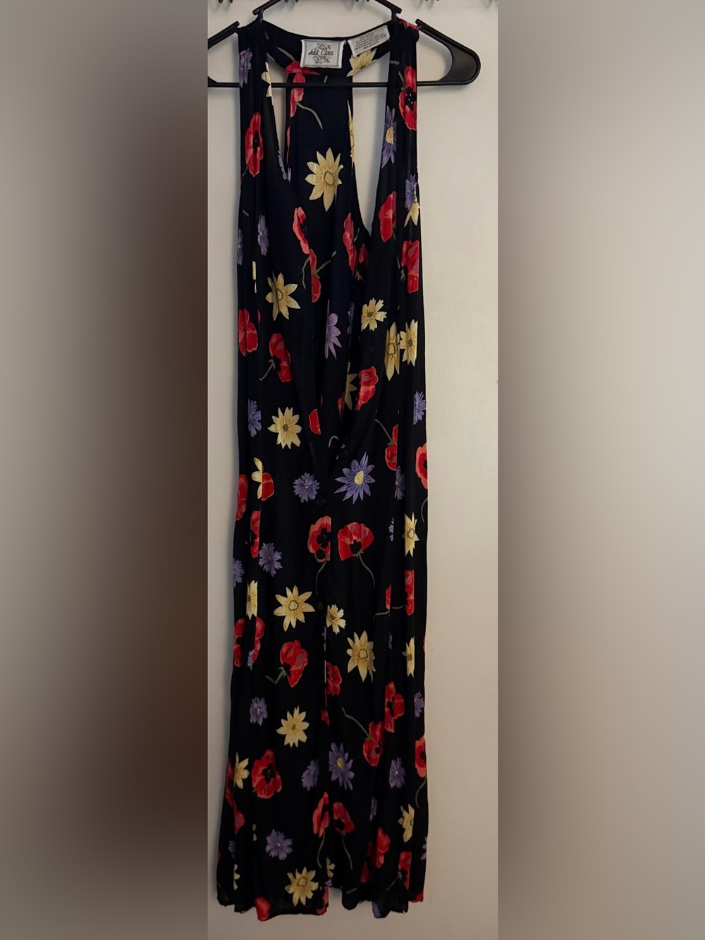 Black Floral Maxi Dress with Red, Yellow, and Purple Blooms